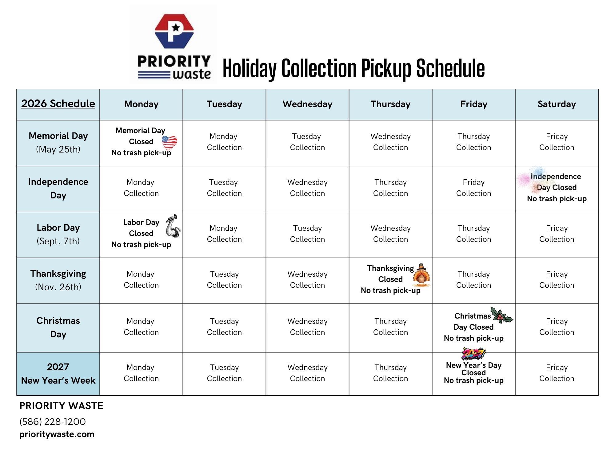 2026 Priority Waste Pickup Schedule